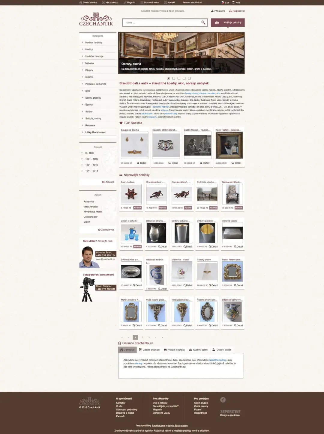 Webová stránka s nabídkou starožitností, fotografie a kategorie produktů